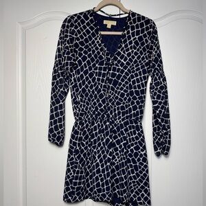 Michael Kors Blue and White Ruched Wrap Dress